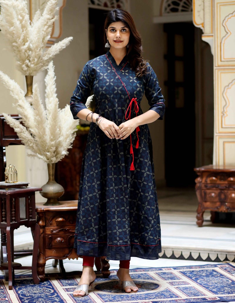Miravan Blue Abstract Printed Angrakha Kurta for Women - Image 1